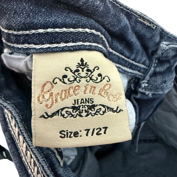 Grace In La Jeans Womens 7/27 Blue Denim Stretch Beaded 5-Pockets Boot Cut Leg - Picture 12 of 16